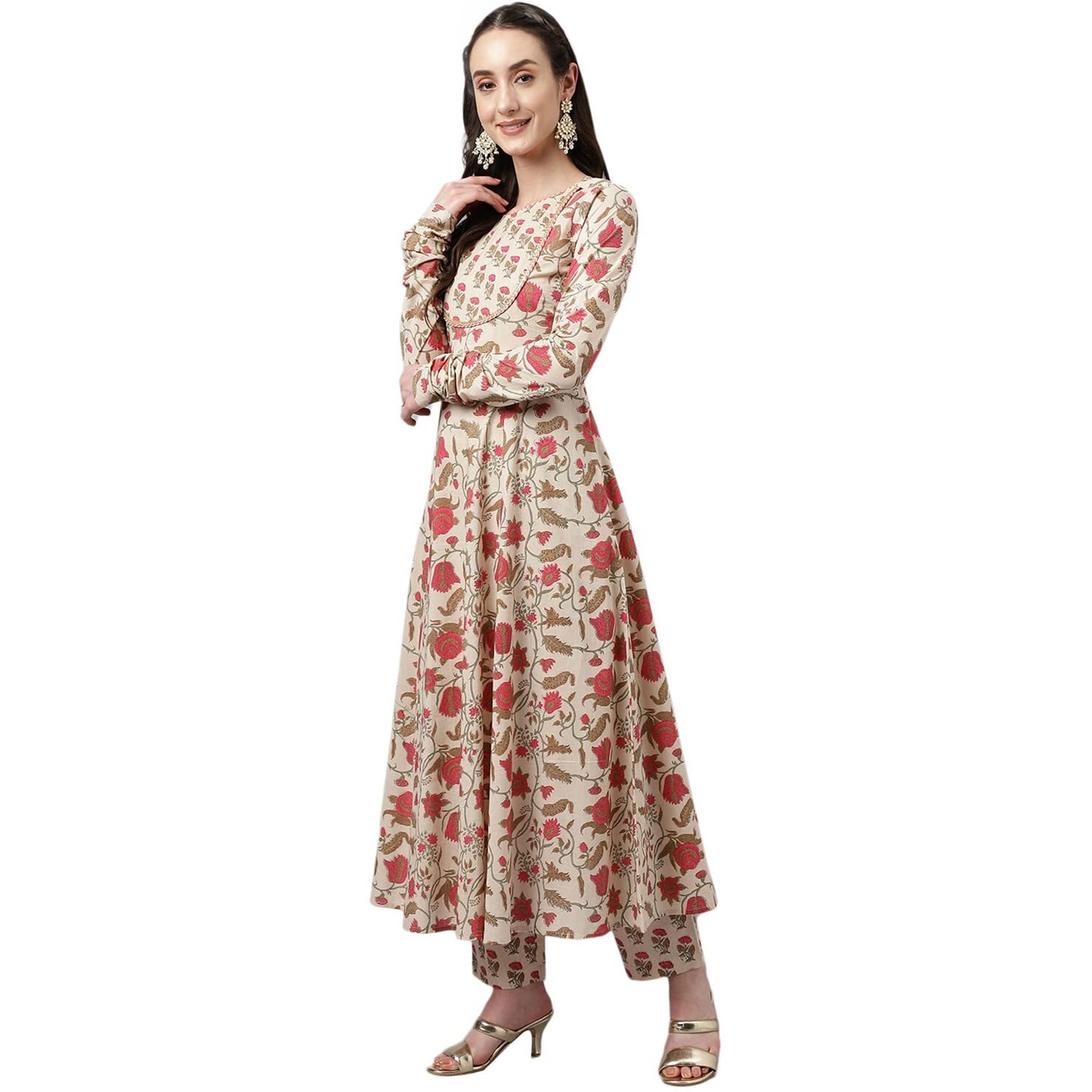 Fiorra Women's Beige Pure Cotton Flared Kurta With Pant And Dupatta Set0070-L