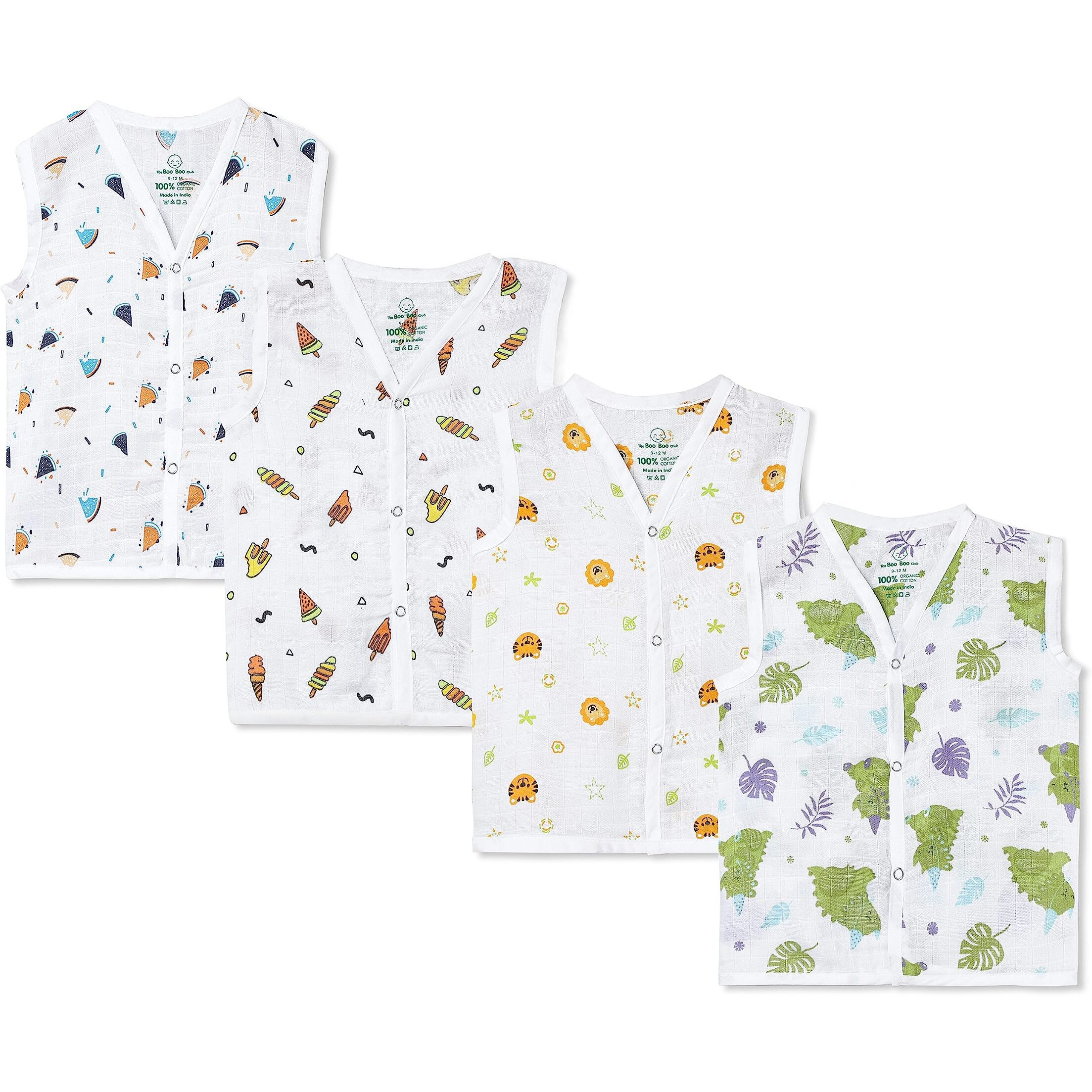 The Boo Boo Club Organic Cotton Baby Jhabla | Pack Of 4 Newborn Sleeveless Jabla | 0 To 3 Months Infant Summer Wear | Soft & Breathable Muslin Fabric | Easy Button Closure Vest