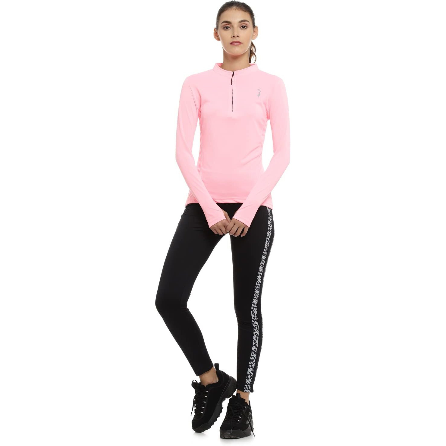 Campus Sutra Women's Solid Pink Mock Neck Dri-Fit Activewear T-Shirt Regular Fit For Casual Wear | Structured T-Shirt Crafted With Comfort Fit And High-Performance For Everyday Wear