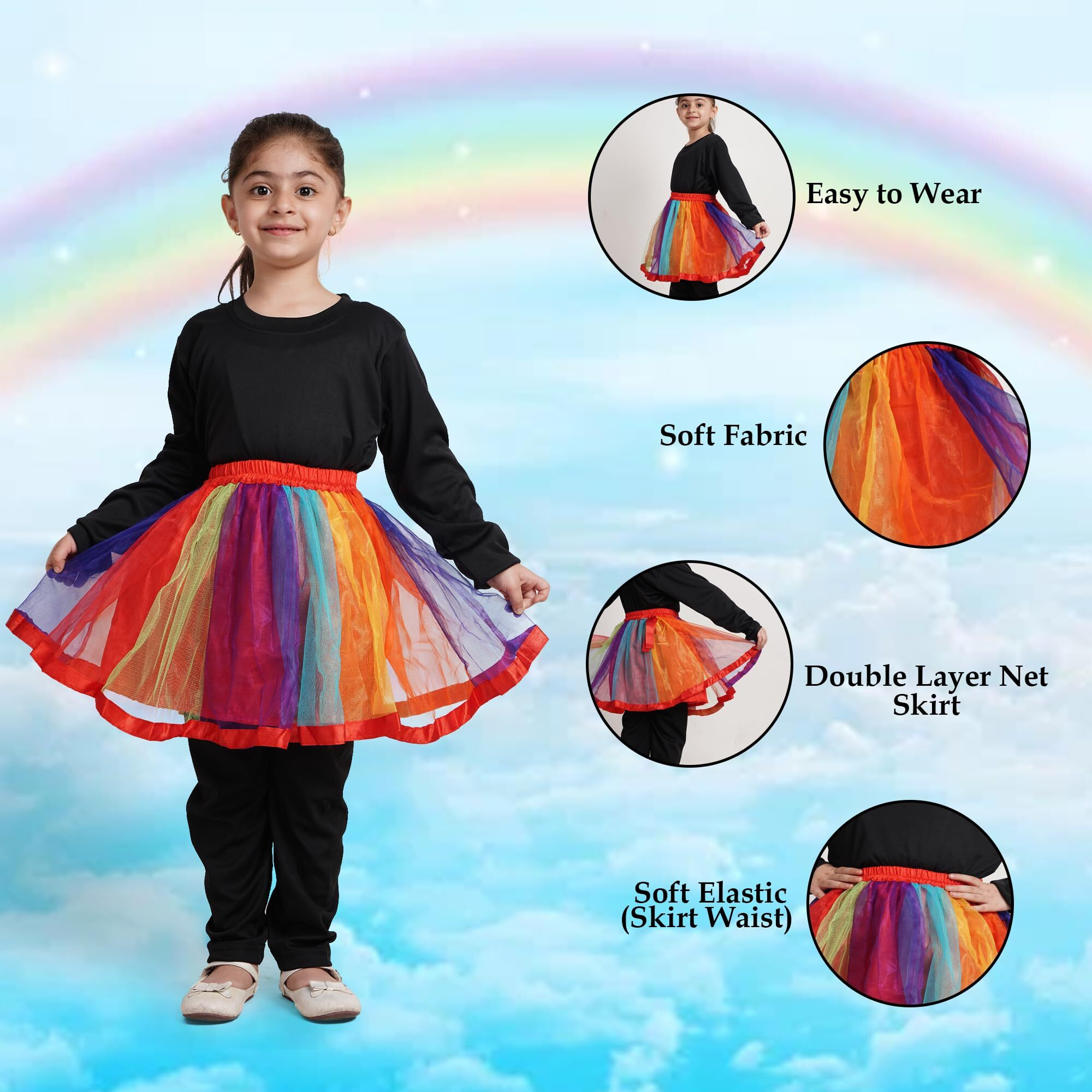 Kaku Fancy Dresses Rainbow Tu Tu Skirt/Summer Fluffy/Tulle Skirt For Kids/Tutus Dancing Pettiskirt -Multicolor, 3-4 Years, For Girls