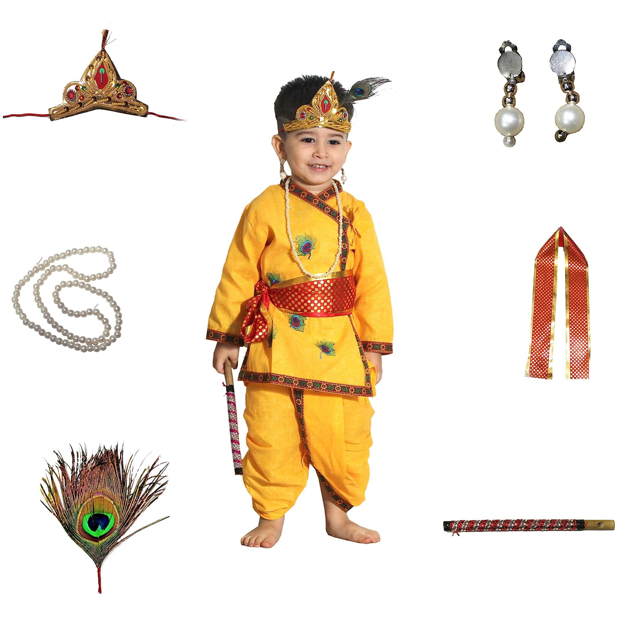 Kaku Fancy Dresses Cotton Krishna Costume For Kids | Baby Krishna Dress For Janmashtami/Kanha/Krishnaleela/Infant Krishna Fancy Dress Costume For Baby Boys/Girls - Yellow (6-12 Months)
