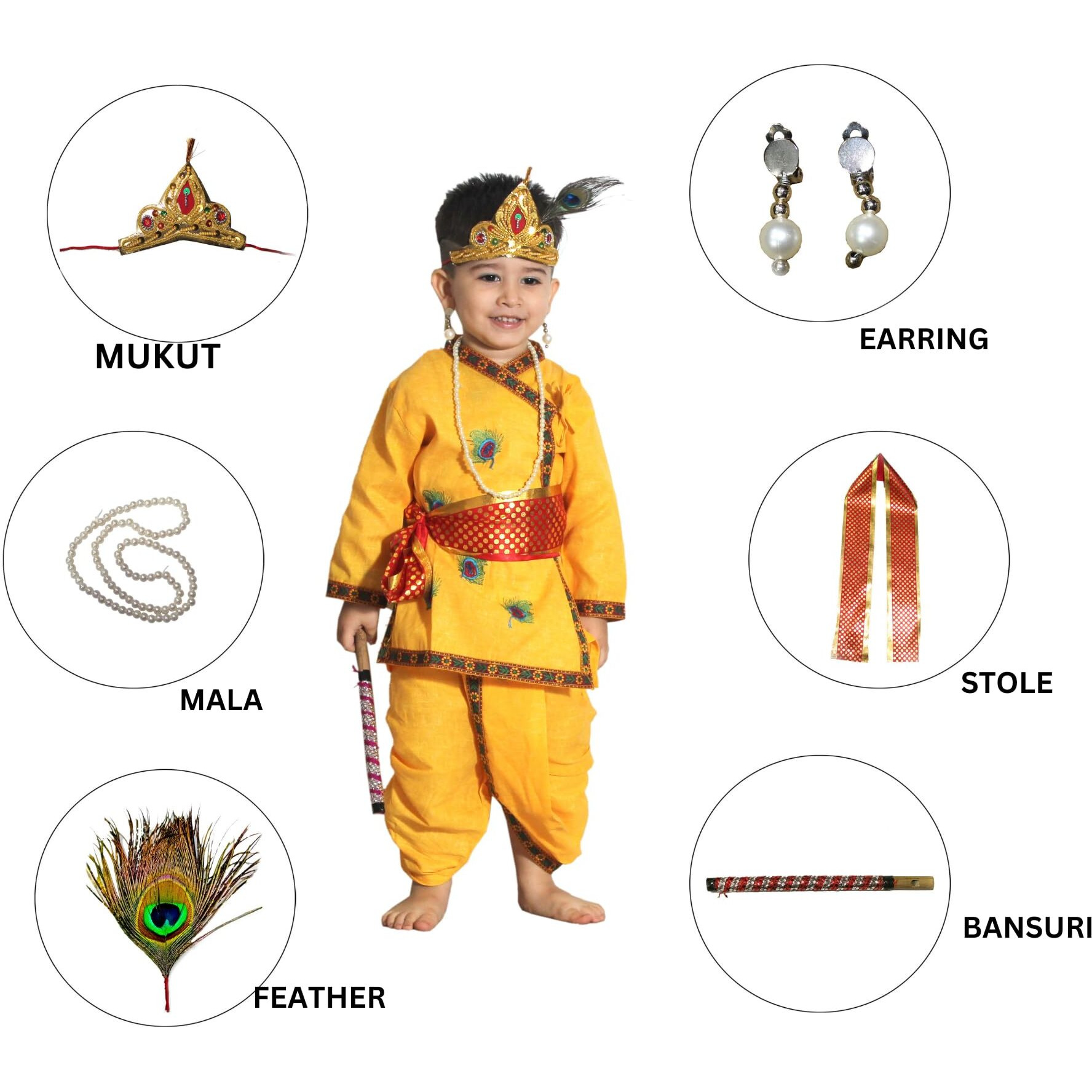 Kaku Fancy Dresses Cotton Krishna Costume For Kids | Baby Krishna Dress For Janmashtami/Kanha/Krishnaleela/Infant Krishna Fancy Dress Costume For Baby Boys/Girls - Yellow (6-12 Months)