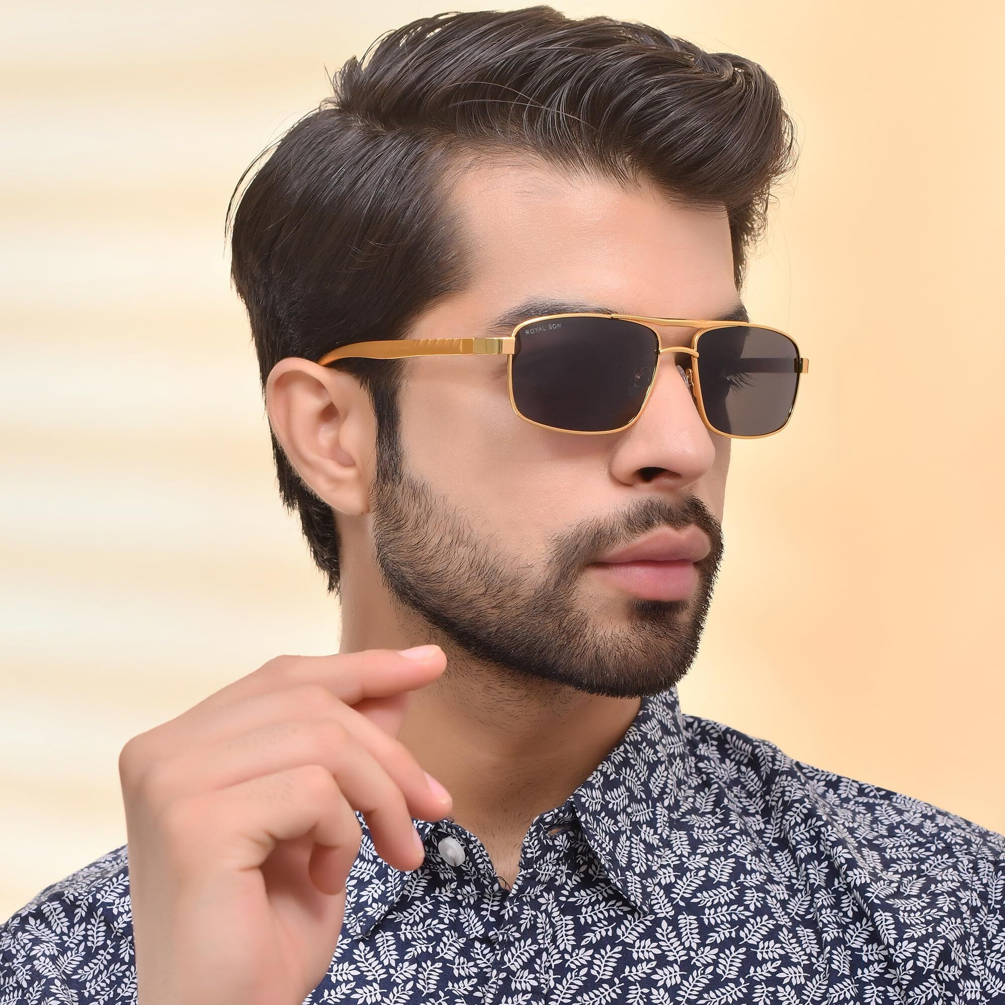 Royal Son Men Retro Rectangle Polarized Sunglasses Golden Frame, Black Lens (Large)