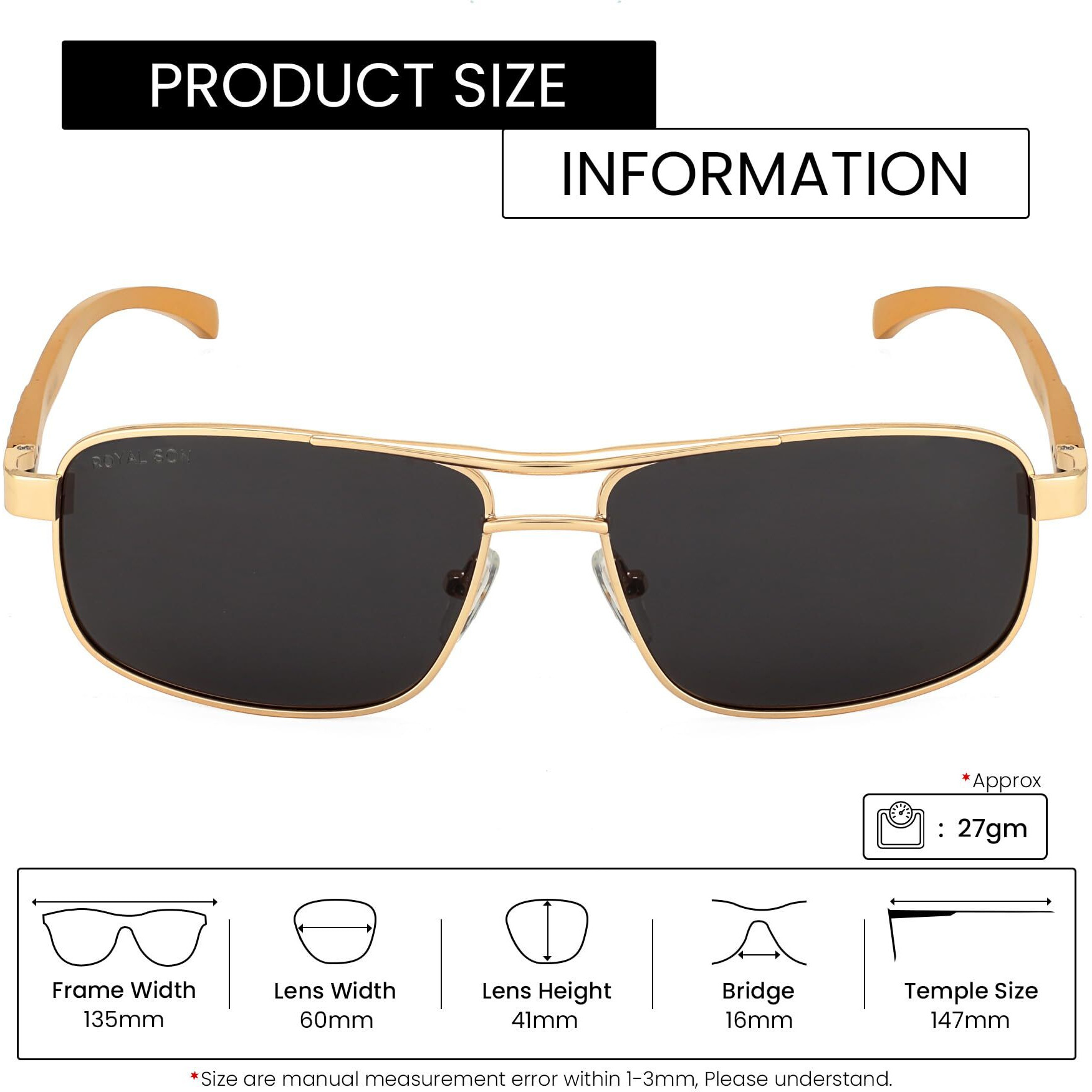 Royal Son Men Retro Rectangle Polarized Sunglasses Golden Frame, Black Lens (Large)