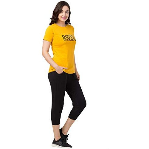 Funday Fashion Women's Cotton Blend Printed Nightwear Set Pack Of 1 (Sys-8006-08_Yellow & Black_Small)