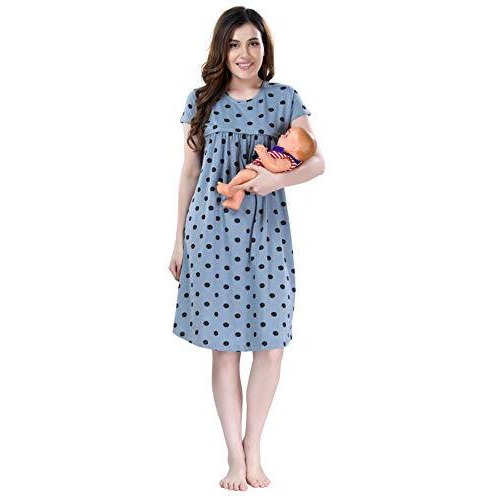Av2 Women's Cotton Printed Maternity Feeding Midi Nighty (Grey, Large)