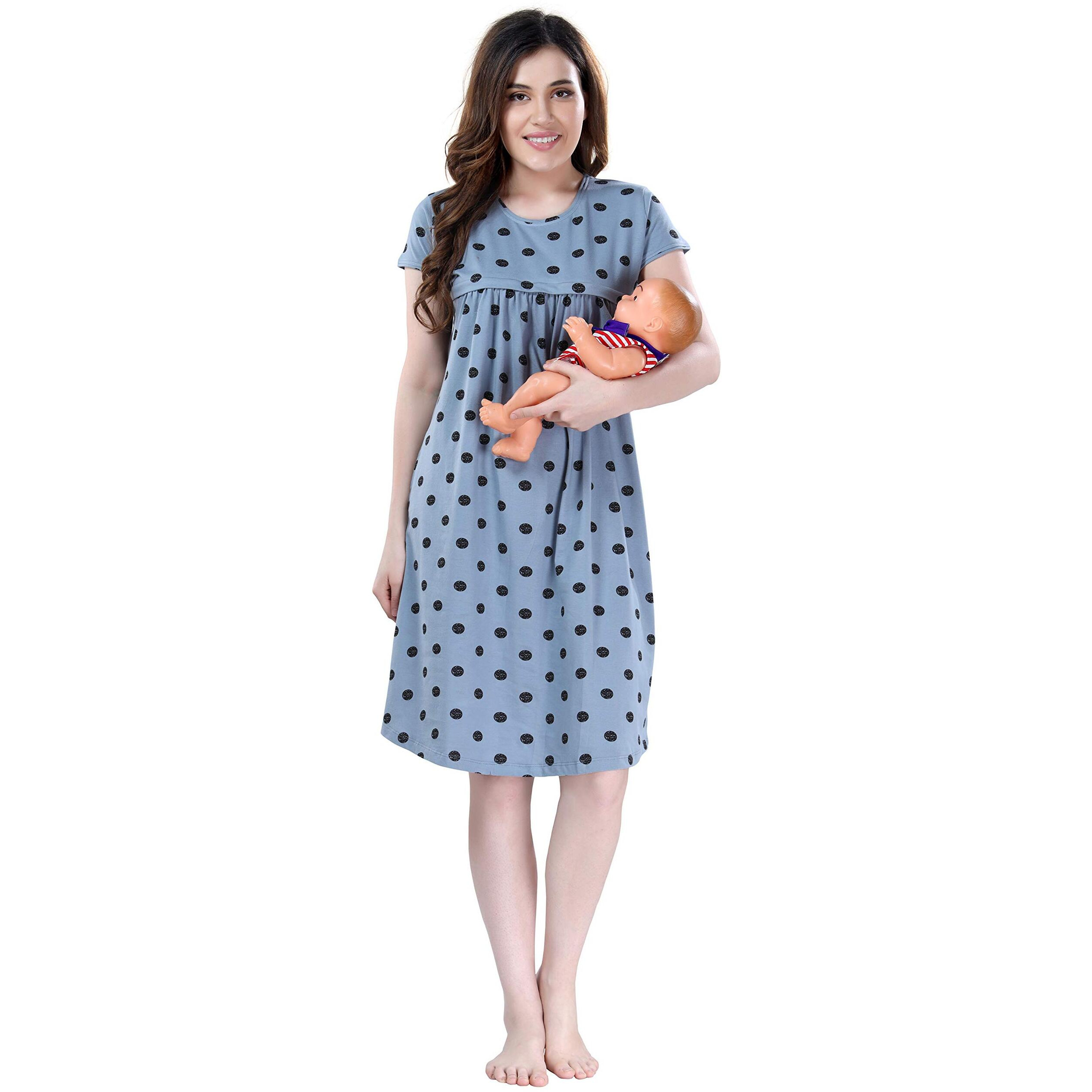Av2 Cotton Women Printed Maternity Feeding Midi Nighty Grey Xl