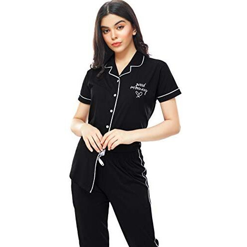 Zeyo Women's Cotton Solid Plain Black Night Suit Shirt & Pajama Set 5238 (Medium)
