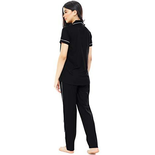 Zeyo Women's Cotton Solid Plain Black Night Suit Shirt & Pajama Set 5238 (Medium)
