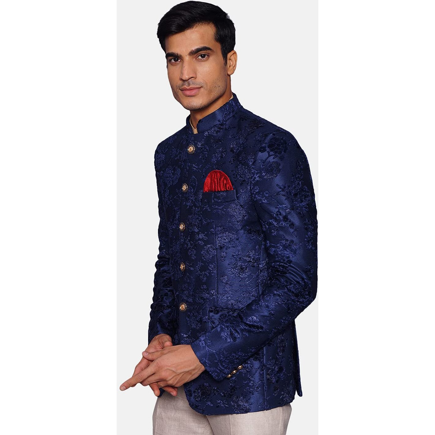 Wintage Men's Embroidered Velvet Party/Festive Indian Jodhpuri Grandad Bandhgala Blazer  Blue,Medium