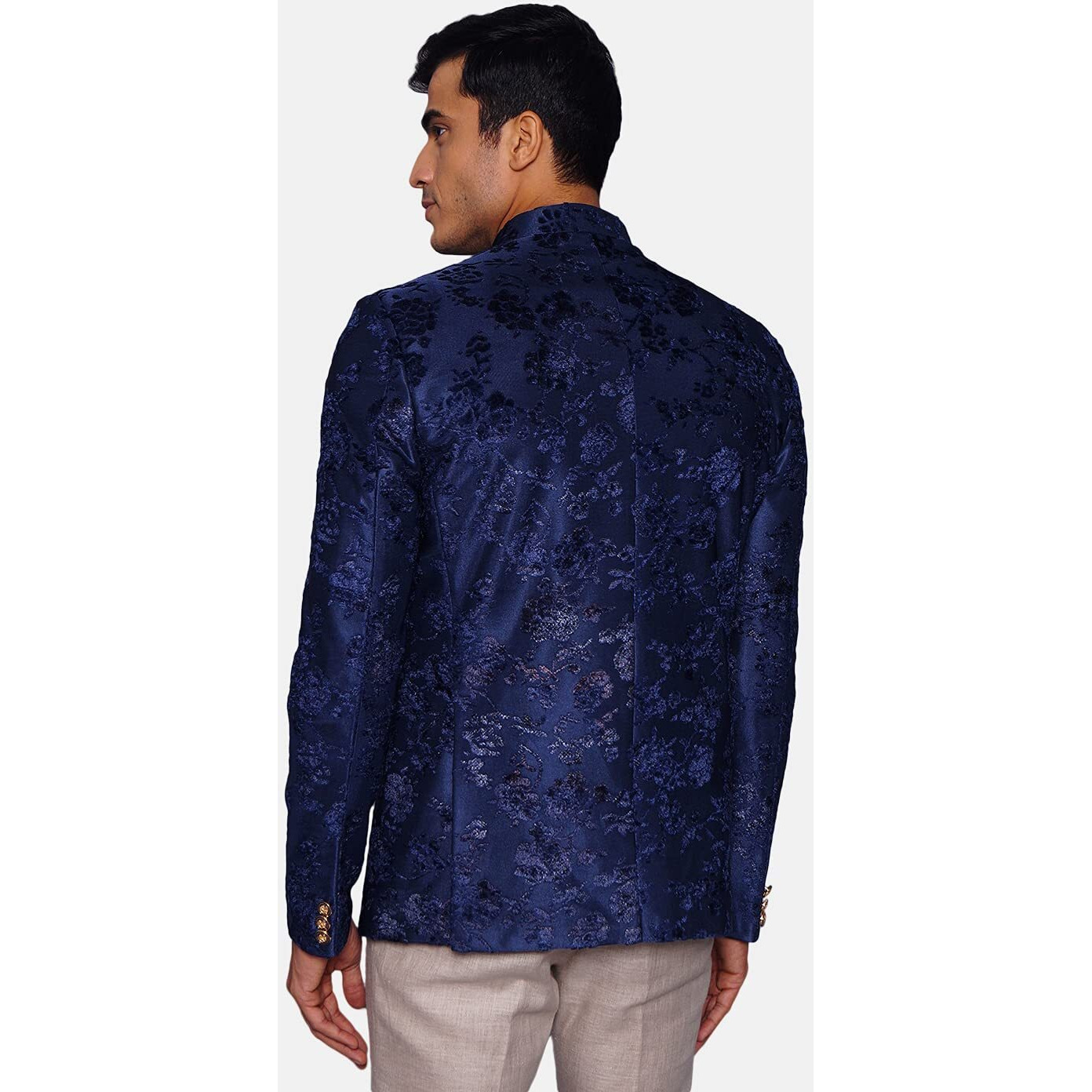 Wintage Men's Embroidered Velvet Party/Festive Indian Jodhpuri Grandad Bandhgala Blazer  Blue,Medium