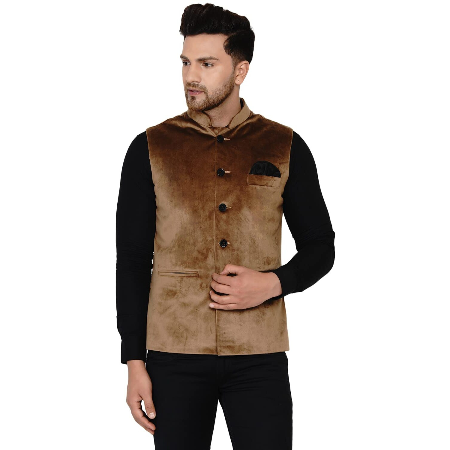 Veera Paridhaan Men's Velvet Solid Green Nehru Jacket New (38, Brown)
