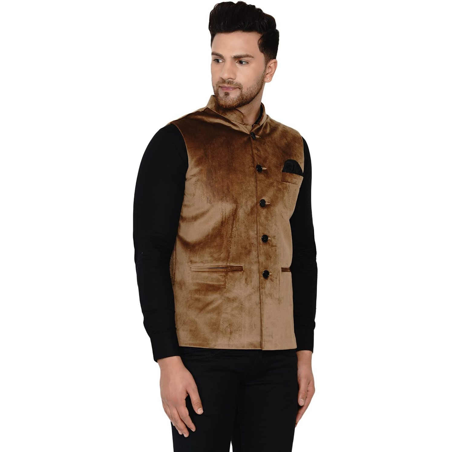Veera Paridhaan Men's Velvet Solid Green Nehru Jacket New (38, Brown)