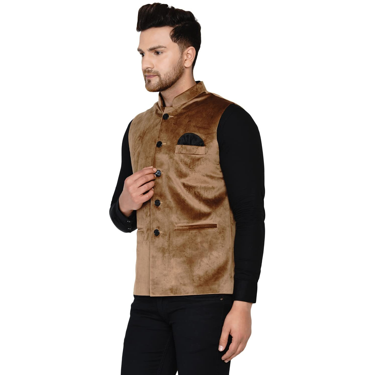 Veera Paridhaan Men's Velvet Solid Green Nehru Jacket New (38, Brown)