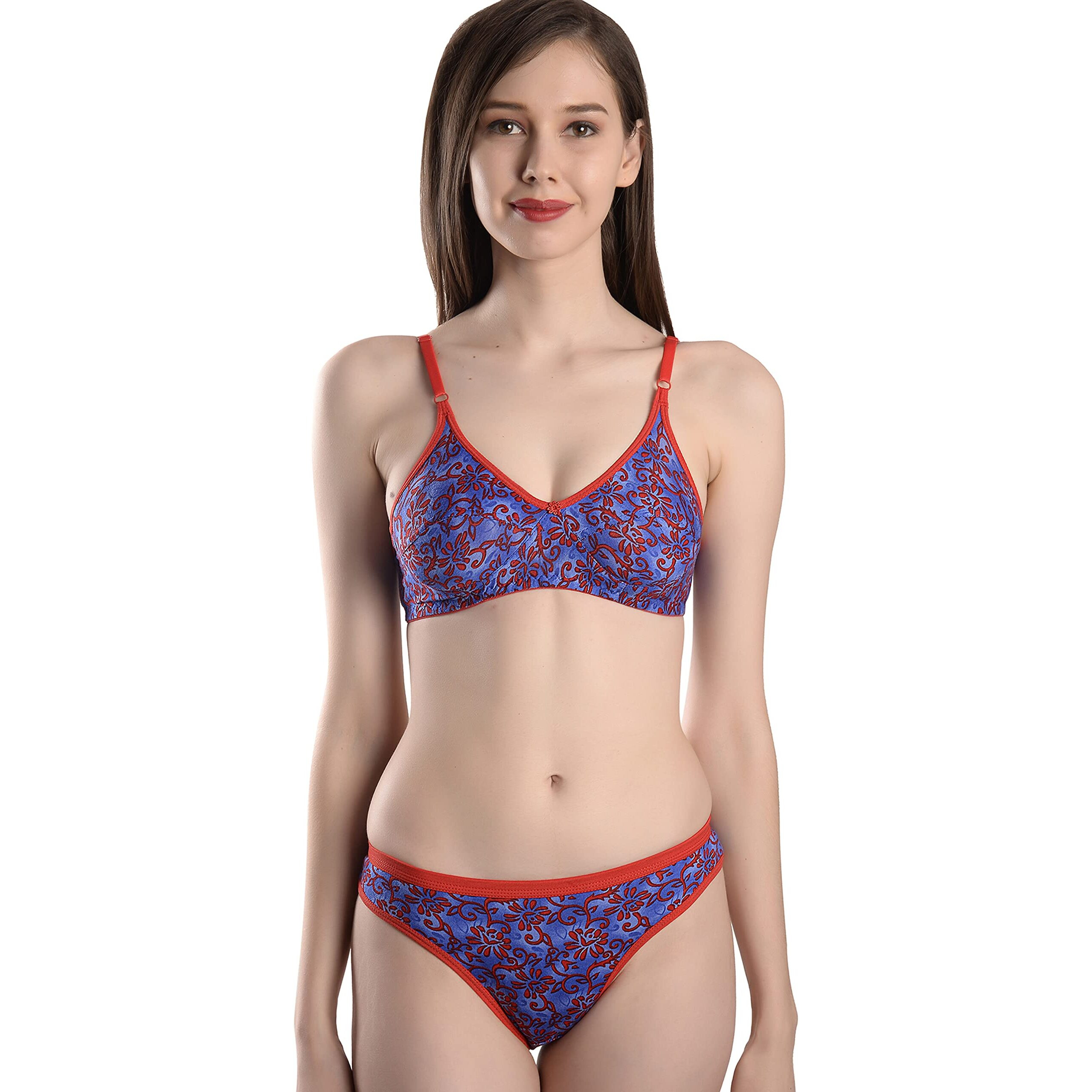 Fims - Fashion Is My Style Soft Cotton Blend Bra Panty Set For Women, Non-Padded, Non-Wired, Floral Print, Lingerie Set, Redbluegreen, Pack Of 3 Cup-B, Size- 38