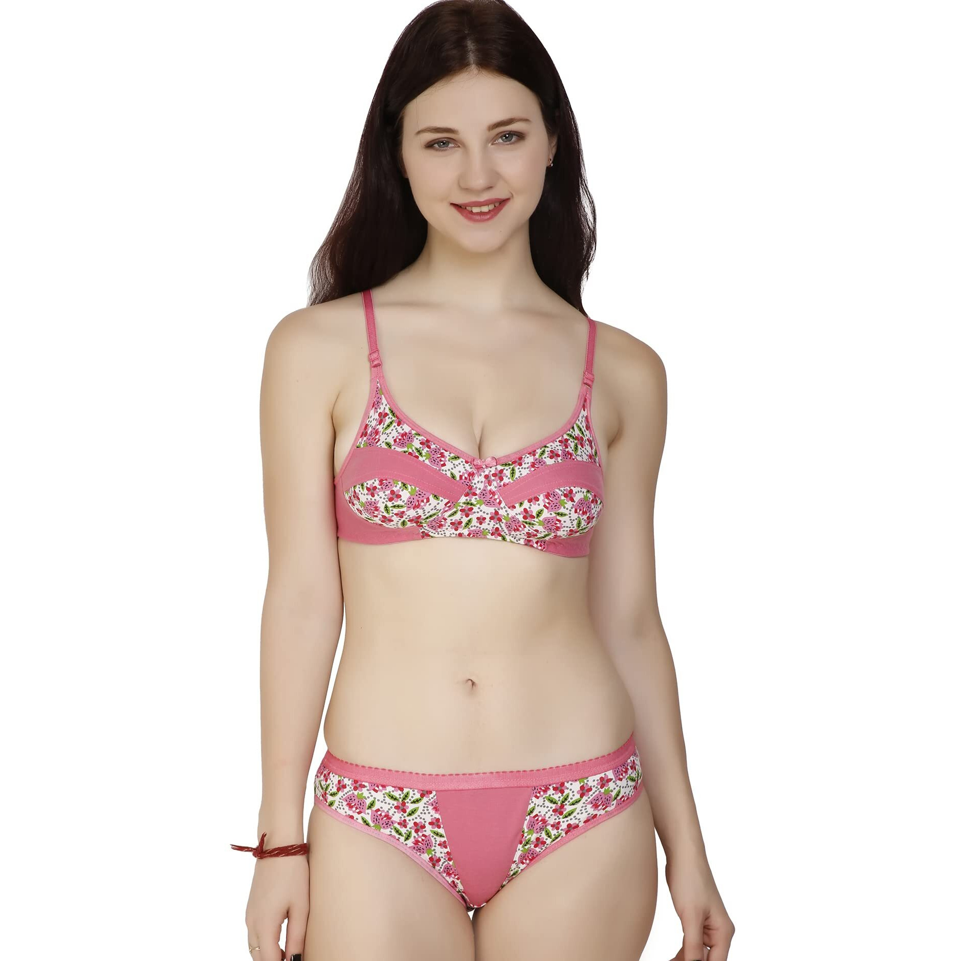 Fims - Fashion Is My Style Soft Cotton Blend Bra Panty Set For Women, Non-Padded, Non-Wired, Flower Print, Lingerie Set, Multicolor, Pack Of 3 Cup-B, Size- 30