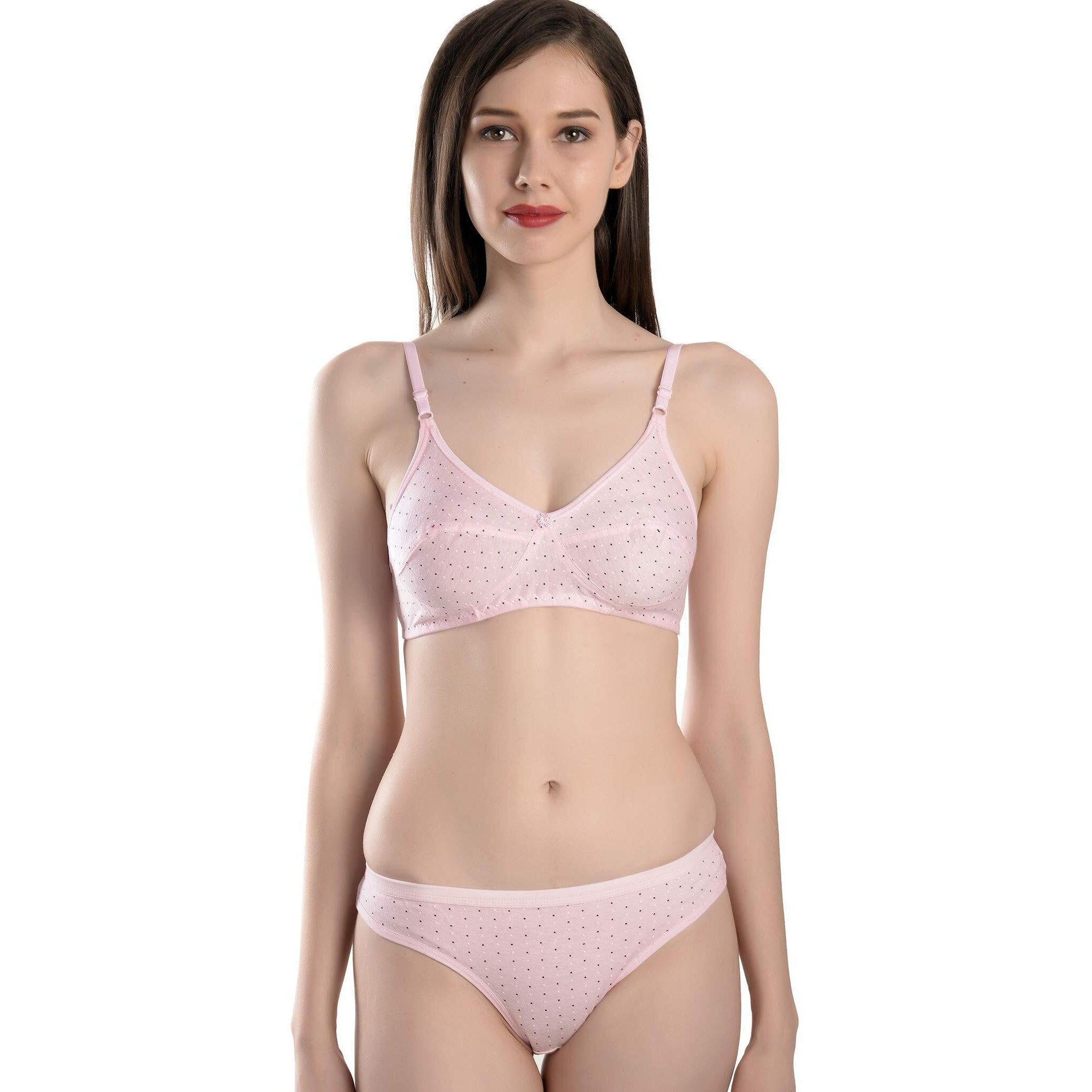 Fims - Fashion Is My Style Soft Cotton Blend Bra Panty Set For Women, Non-Padded, Non-Wired, Dot Print, Lingerie Set, Bluepinkyellow, Pack Of 3 Cup-B, Size- 30