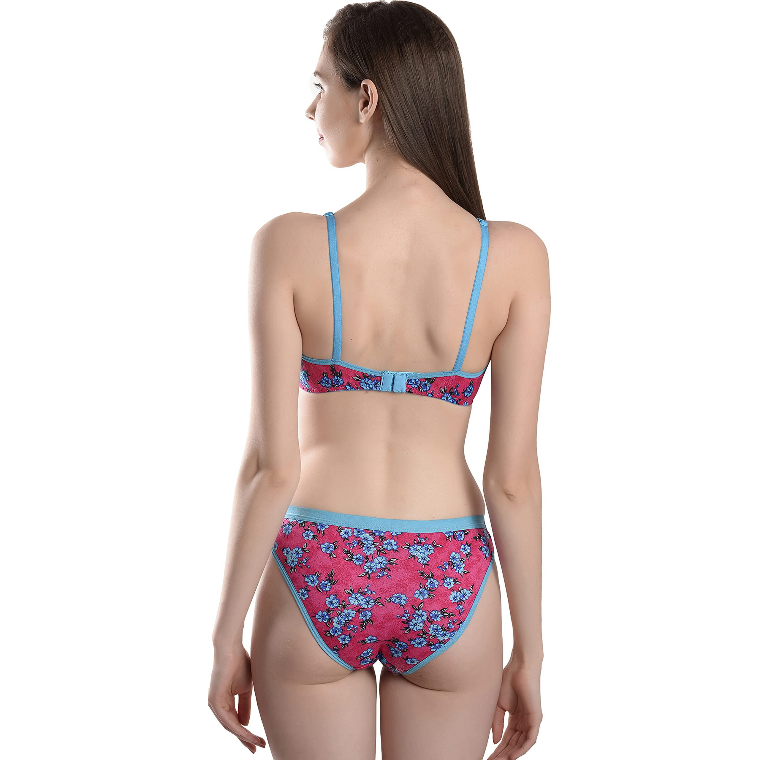 Fims - Fashion Is My Style Soft Cotton Blend Bra Panty Set For Women, Non-Padded, Non-Wired, Flower Print, Lingerie Set, Blueredgreen, Pack Of 3 Cup-B, Size- 32