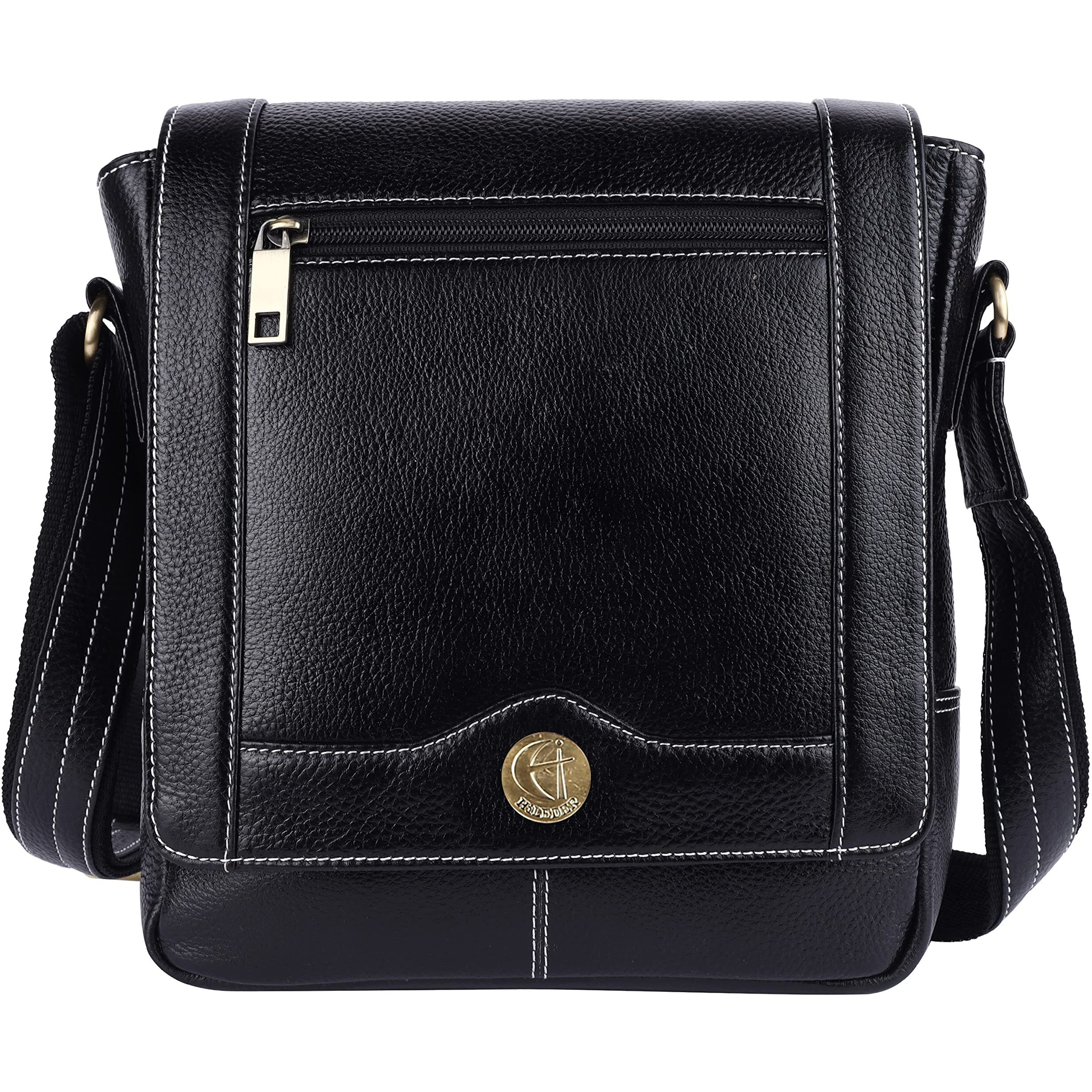 Hileder 100% Pure Genuine Leather Messenger Shoulder Handbag 10 Inches Sling Cross Body Travel Office Tablet Flap Compartment Bag For Men And Women (Black)