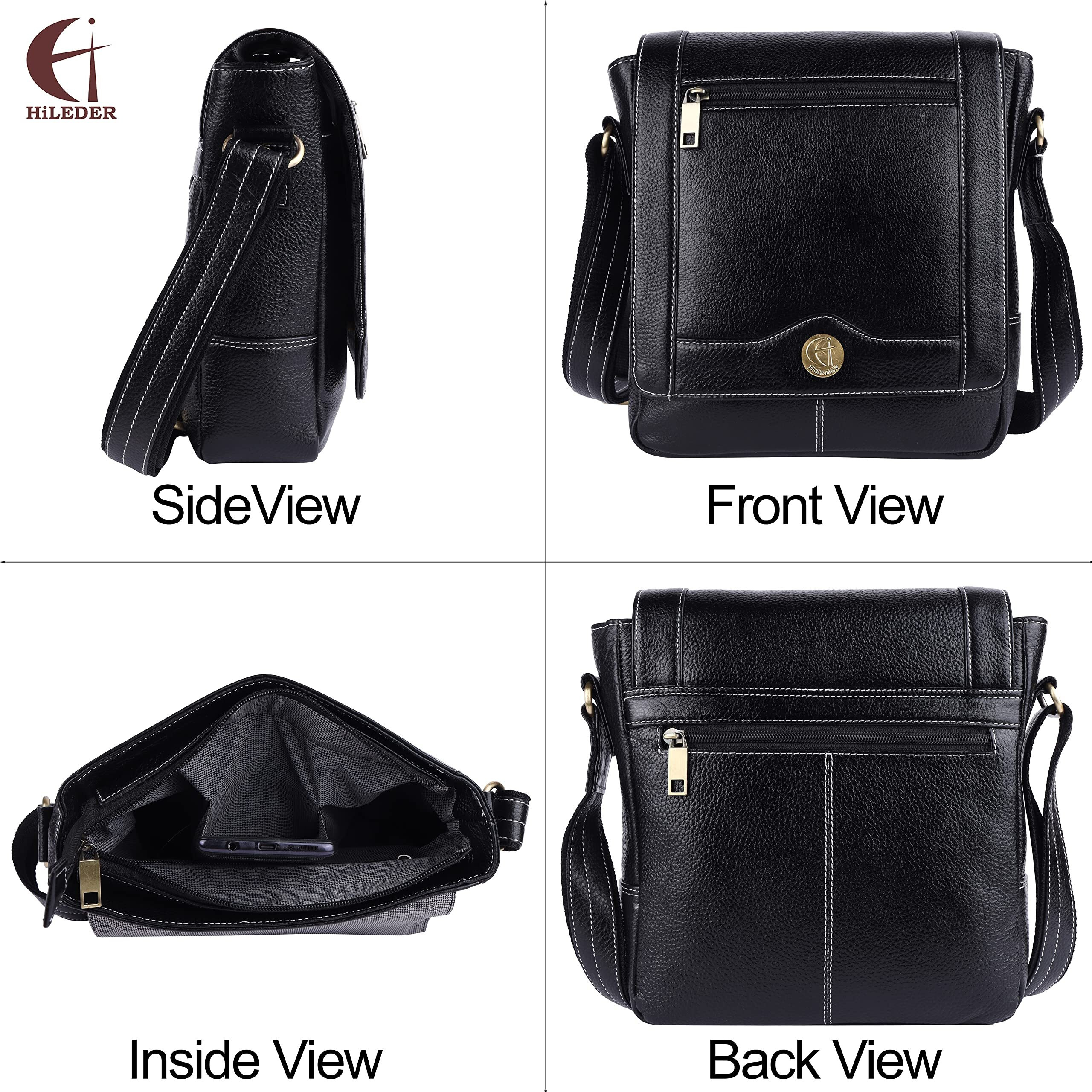 Hileder 100% Pure Genuine Leather Messenger Shoulder Handbag 10 Inches Sling Cross Body Travel Office Tablet Flap Compartment Bag For Men And Women (Black)