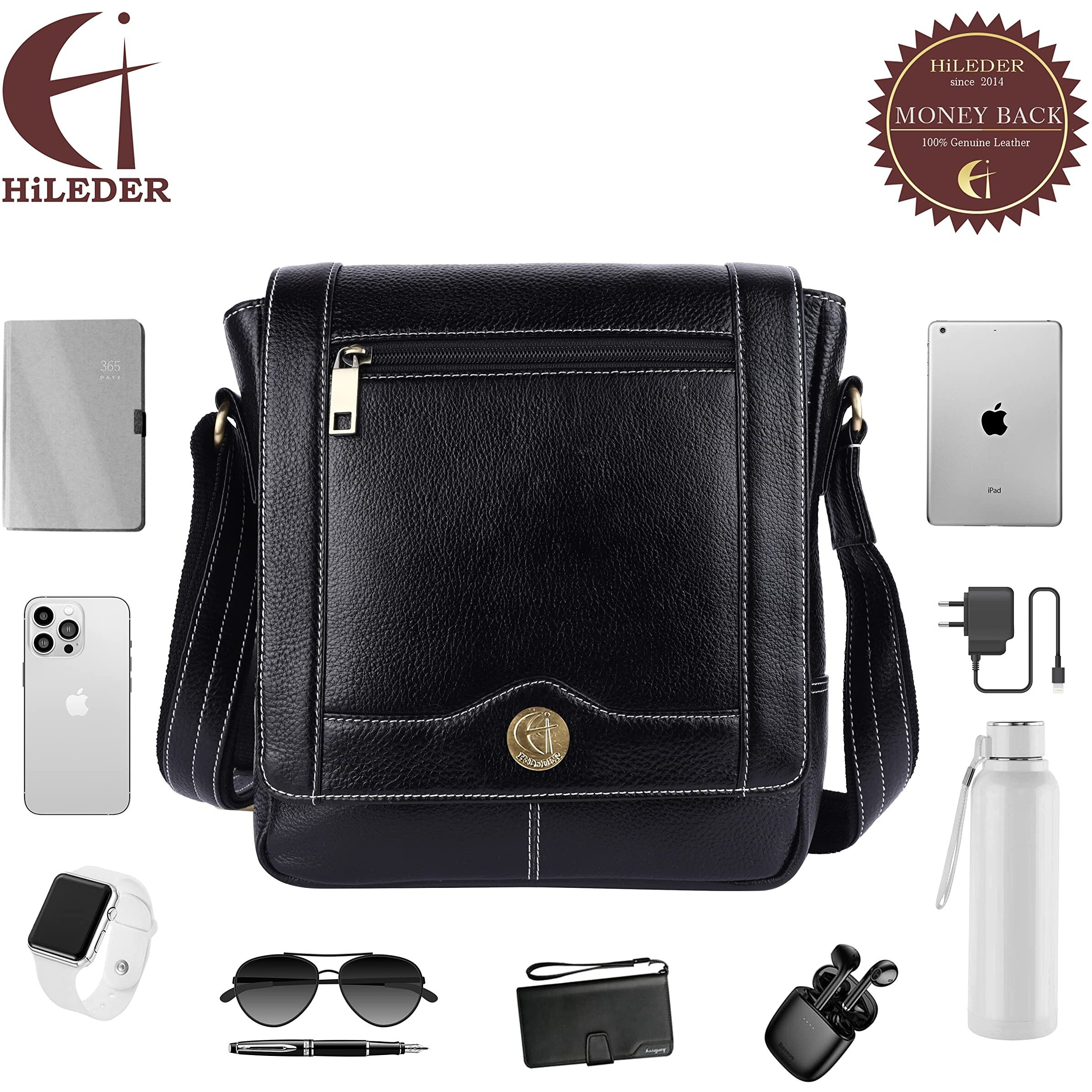 Hileder 100% Pure Genuine Leather Messenger Shoulder Handbag 10 Inches Sling Cross Body Travel Office Tablet Flap Compartment Bag For Men And Women (Black)