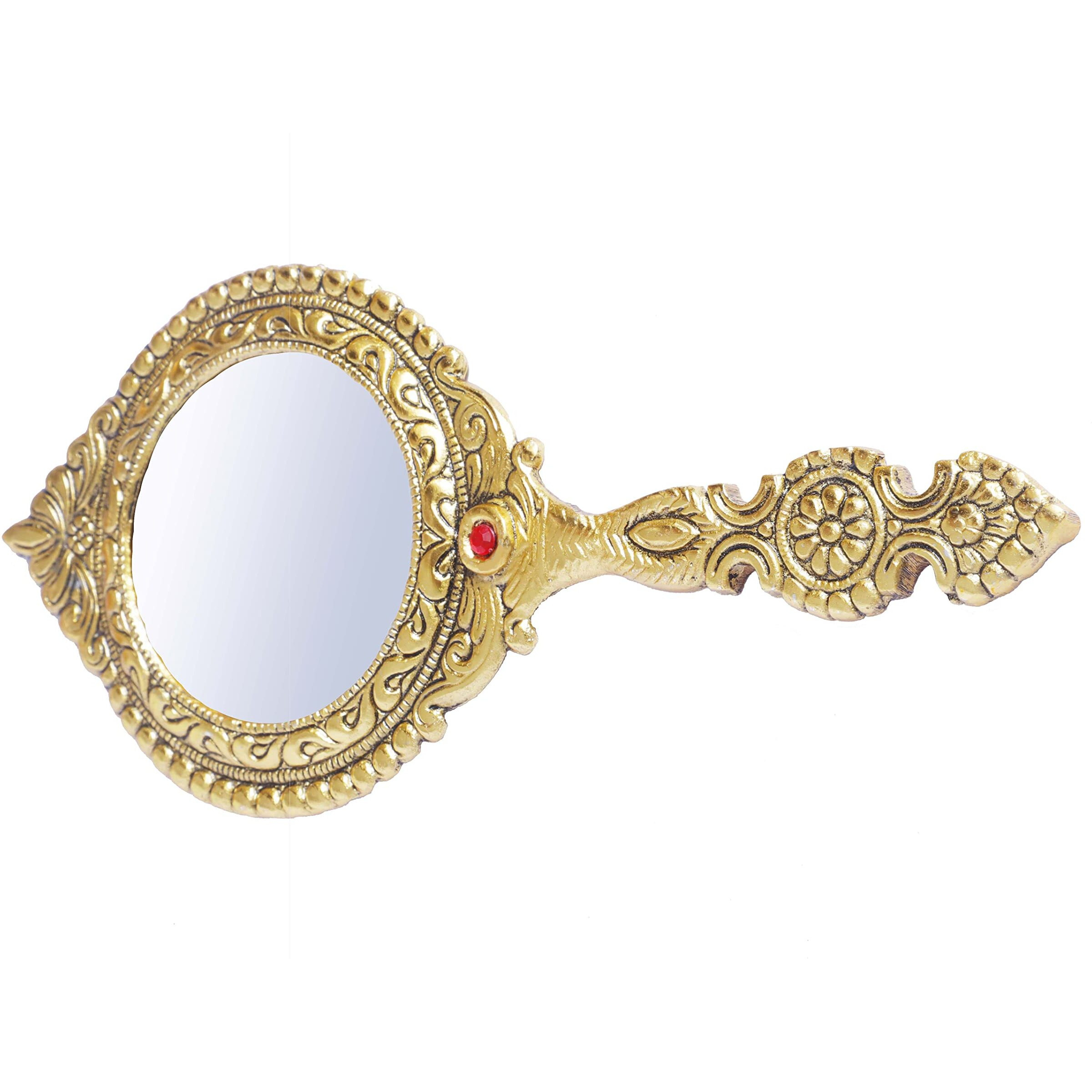 Kridaykraft Beautifully Carved Round Shape Framed Gold Plating Metal Hand Mirror For Makeup, Travelling, Salon Mirror & Decorative Mirror Antique Item For Wedding Gifts.