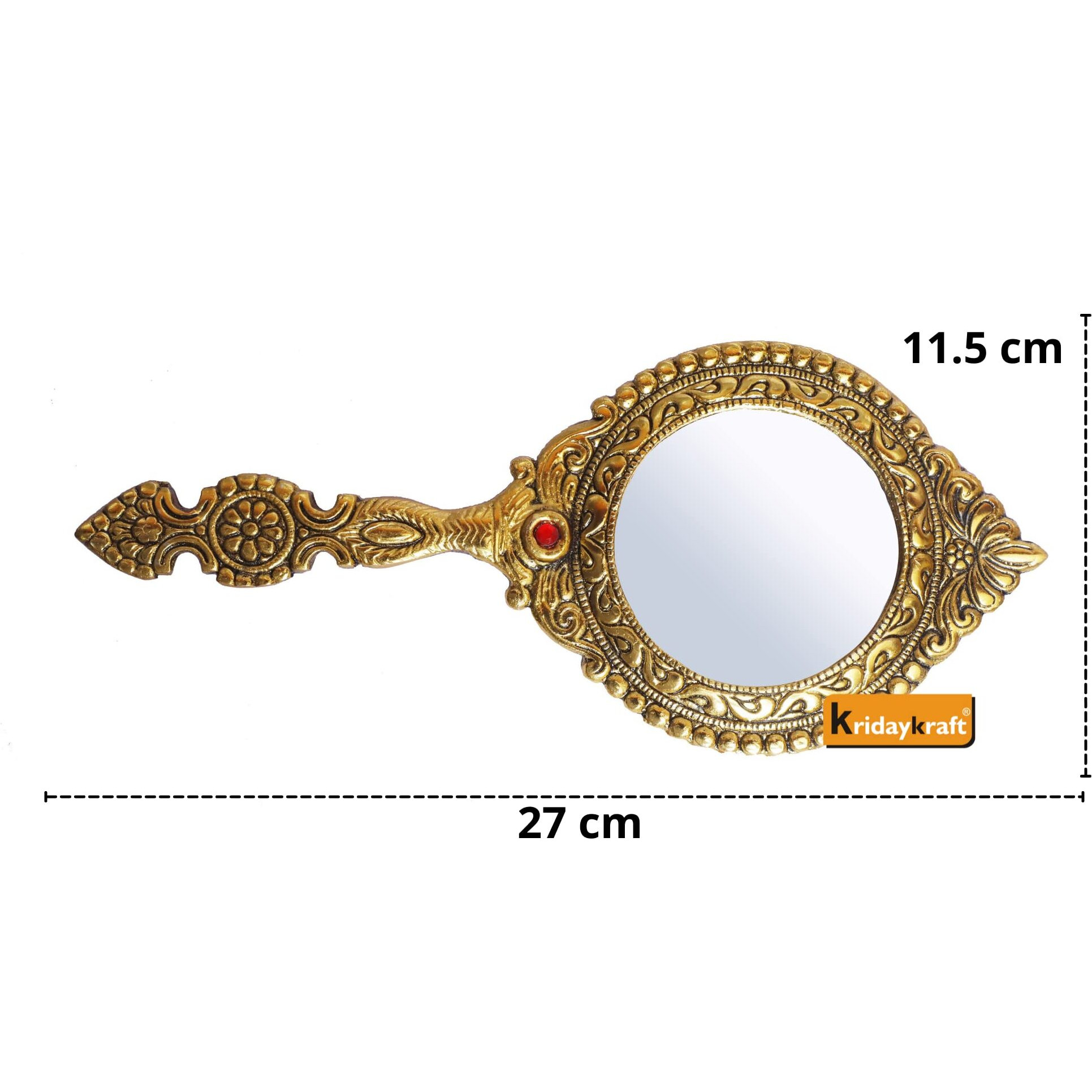 Kridaykraft Beautifully Carved Round Shape Framed Gold Plating Metal Hand Mirror For Makeup, Travelling, Salon Mirror & Decorative Mirror Antique Item For Wedding Gifts.
