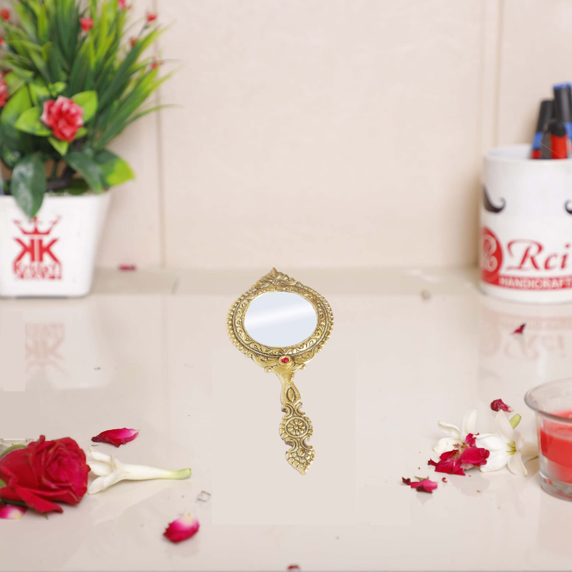 Kridaykraft Beautifully Carved Round Shape Framed Gold Plating Metal Hand Mirror For Makeup, Travelling, Salon Mirror & Decorative Mirror Antique Item For Wedding Gifts.