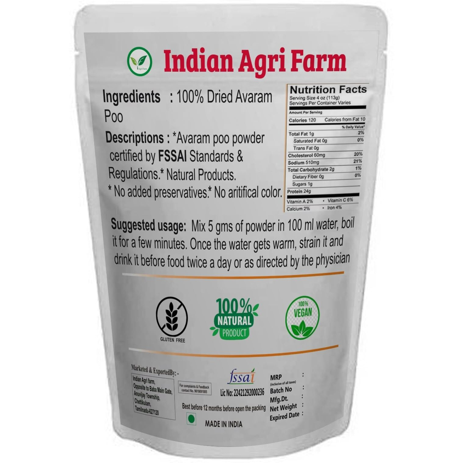 Iagrifarm Organic Avaram Poo/Sennna Powder - 100 Gram/Tarwara/Tangedu Flower Powder