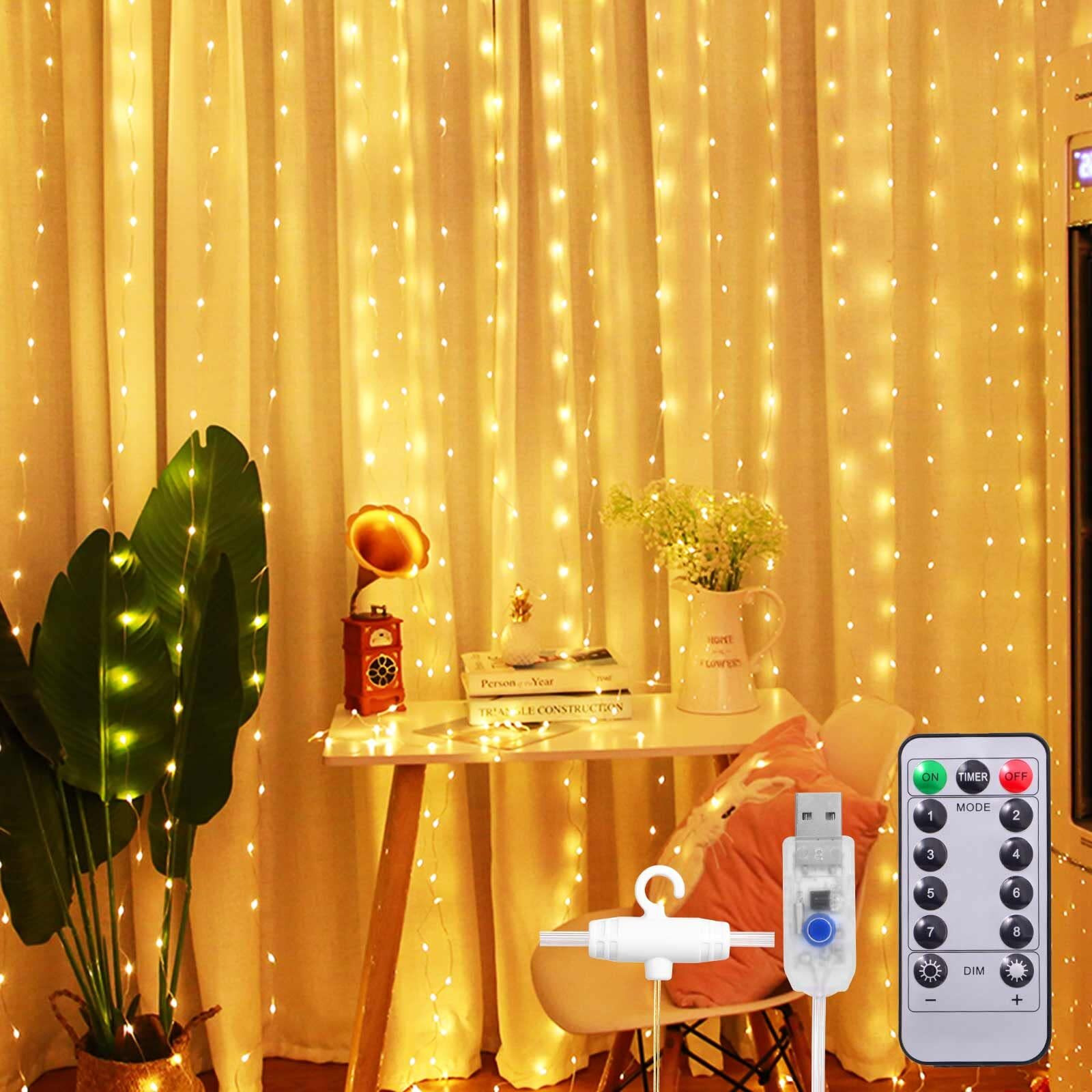 Sunnest Window Curtain String Light 300 Led 8 Lighting Modes Fairy Lights Remote Control Usb Powered Waterproof Lights For Christmas Bedroom Party Wedding Home Garden Wall Decorations,(Warm White)