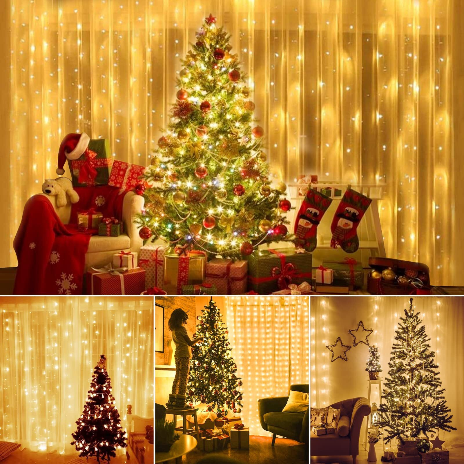 Sunnest Window Curtain String Light 300 Led 8 Lighting Modes Fairy Lights Remote Control Usb Powered Waterproof Lights For Christmas Bedroom Party Wedding Home Garden Wall Decorations,(Warm White)