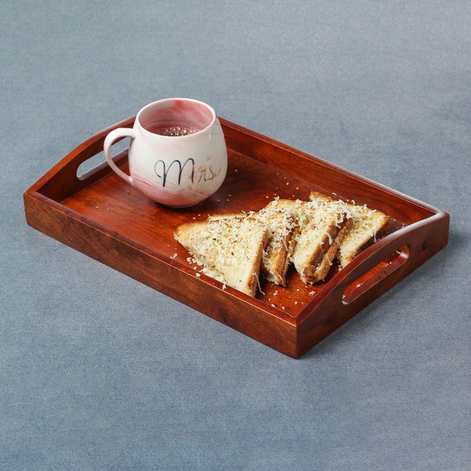 Brick Brown  Premium Handcrafted Serving Wooden Tray For Serving | Tea Tray For Serving Platter | Tray For Dining Table Rectangular (Mahogany Finish, 13.5X9 Inch)
