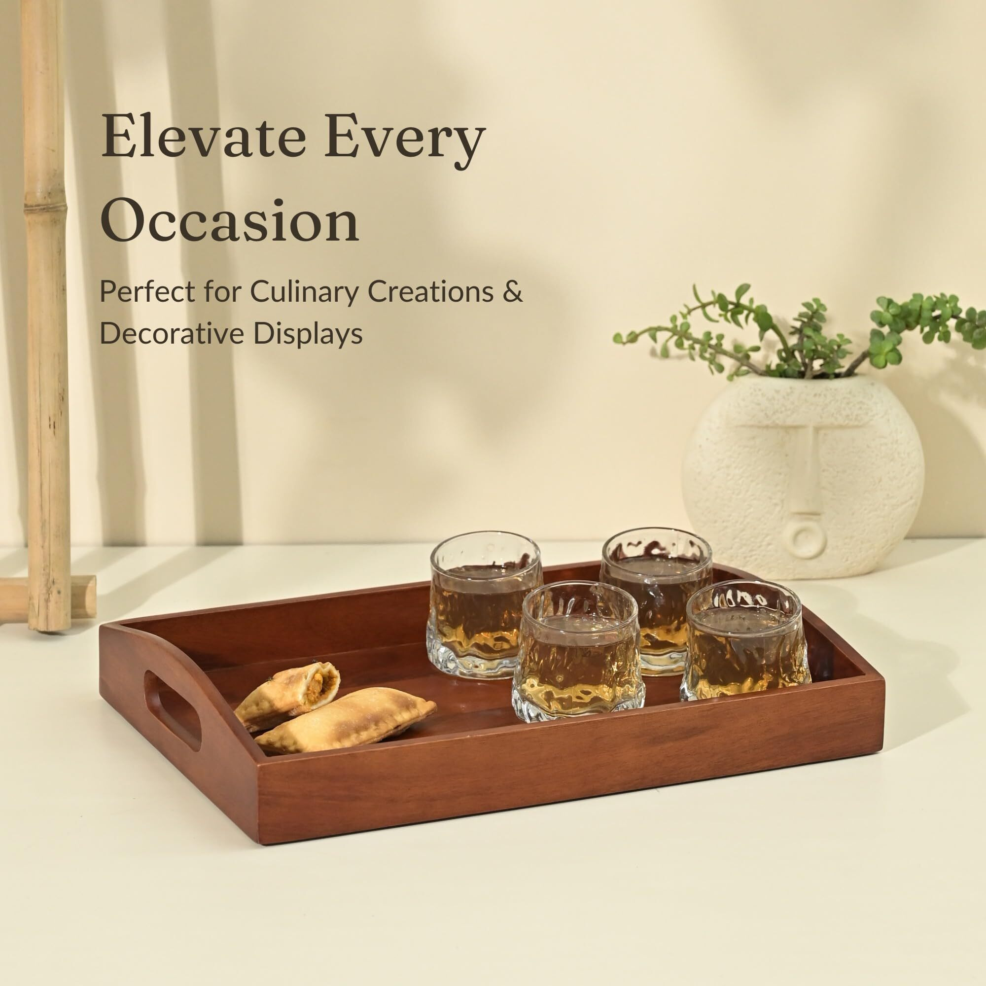 Brick Brown  Premium Handcrafted Serving Wooden Tray For Serving | Tea Tray For Serving Platter | Tray For Dining Table Rectangular (Mahogany Finish, 13.5X9 Inch)