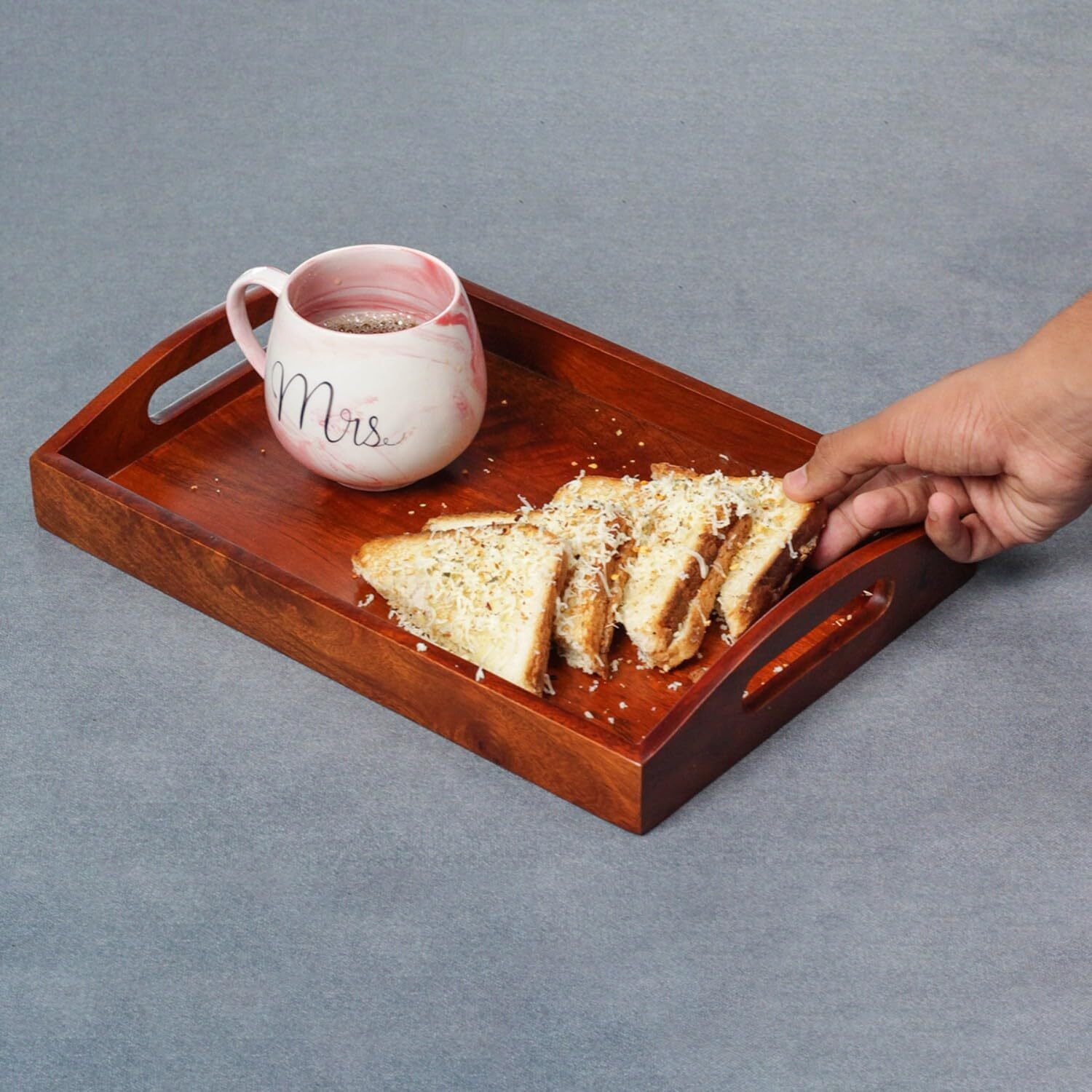 Brick Brown  Premium Handcrafted Serving Wooden Tray For Serving | Tea Tray For Serving Platter | Tray For Dining Table Rectangular (Mahogany Finish, 13.5X9 Inch)