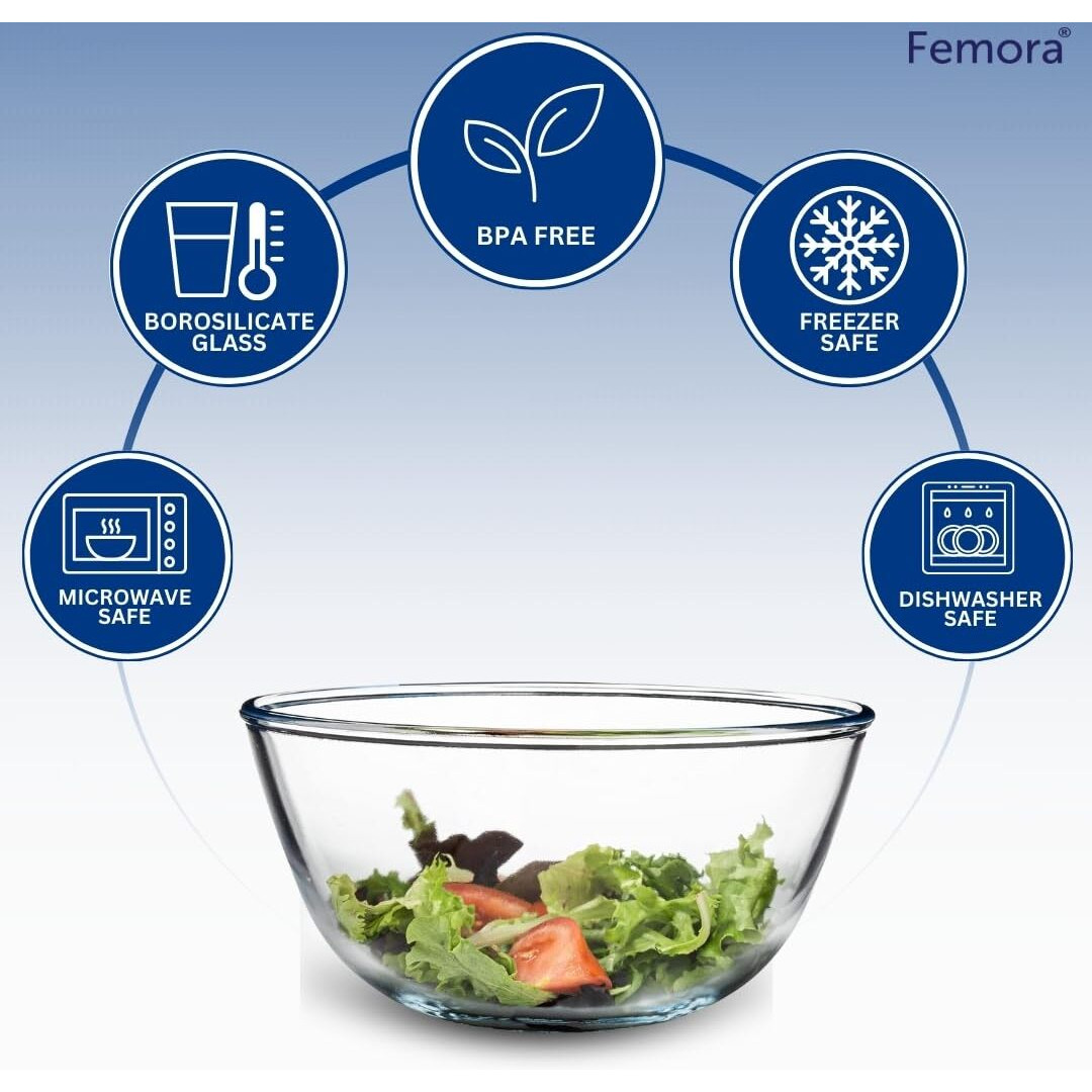 Femora Borosilicate Glass Mixing Bowl | Microwave Safe Bowl | Oven Bowls |1 Year Warrnty | Set Of 2 (400 Ml, 1050 Ml)