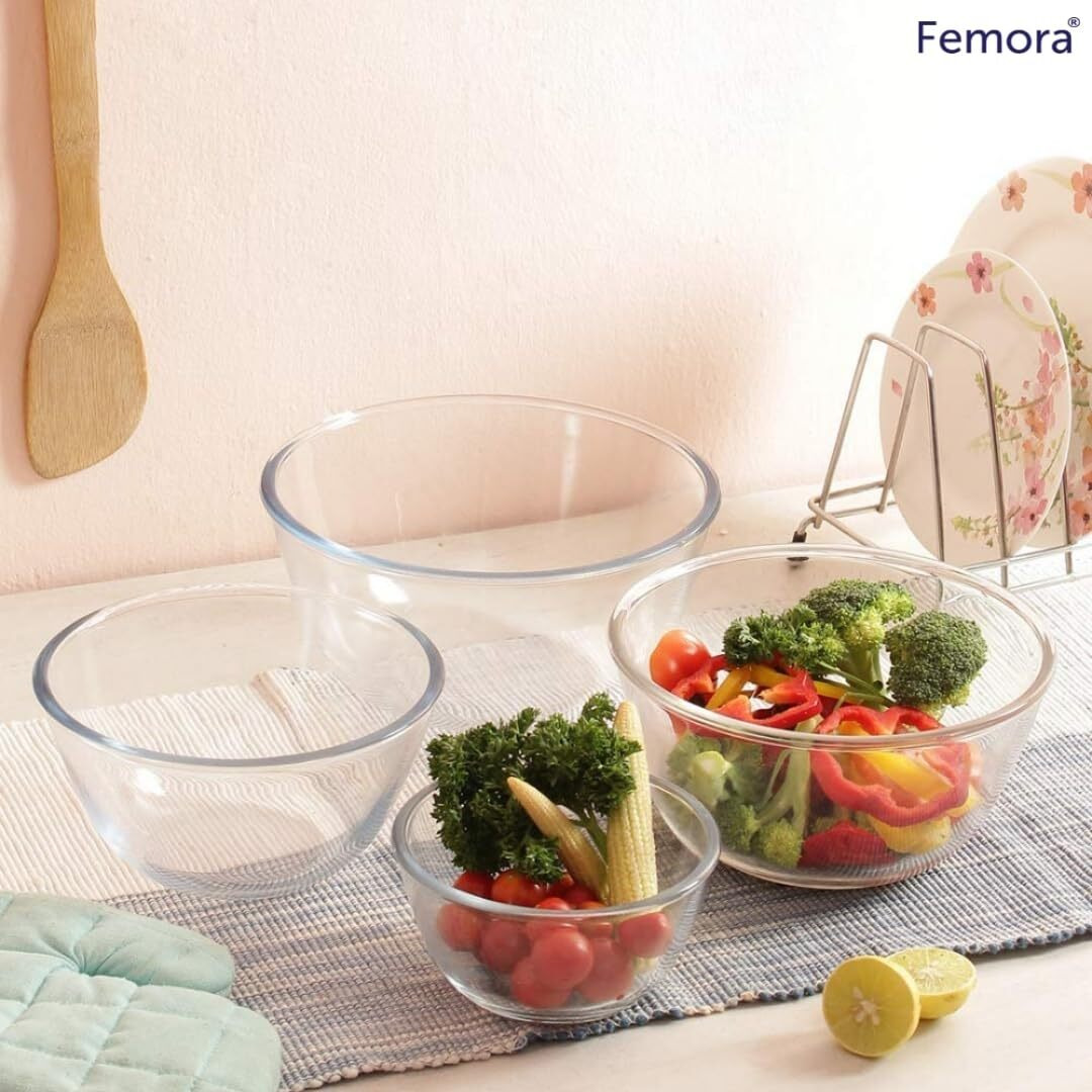 Femora Borosilicate Glass Mixing Bowl | Microwave Safe Bowl | Oven Bowls |1 Year Warrnty | Set Of 4 (400 Ml, 700 Ml, 1050 Ml, 1650 Ml)