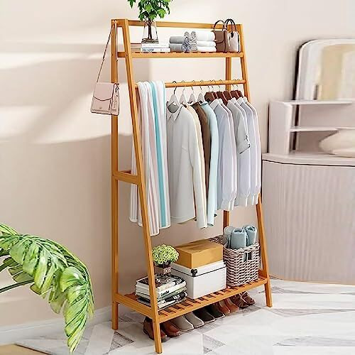 Ada Handicraft Premium Natural Bamboo Wood Clothing Garment Rack,Coat Clothes Hanging Heavy Duty Rack,With Top Shelf&Shoe Clothing Storage Organizer Shelves(L- 50 X W- 40 X H- 140),40X50X140 Cm