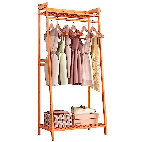 Ada Handicraft Premium Natural Bamboo Wood Clothing Garment Rack,Coat Clothes Hanging Heavy Duty Rack,With Top Shelf&Shoe Clothing Storage Organizer Shelves(L- 50 X W- 40 X H- 140),40X50X140 Cm