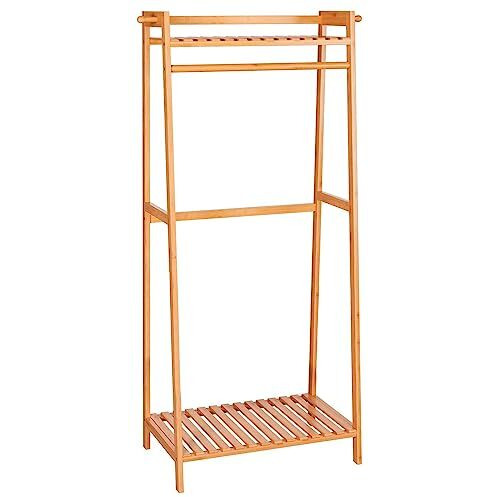 Ada Handicraft Premium Natural Bamboo Wood Clothing Garment Rack,Coat Clothes Hanging Heavy Duty Rack,With Top Shelf&Shoe Clothing Storage Organizer Shelves(L- 50 X W- 40 X H- 140),40X50X140 Cm