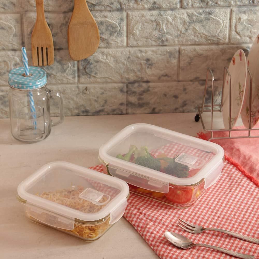 Femora Borosilicate Glass Containers For Kitchen | 1 Year Warranty | Container Boxes For Storage, Storage Box For Kitchen With Air Vent Lid, Microwave Safe, Rectangular (Set Of 2-1500Ml)