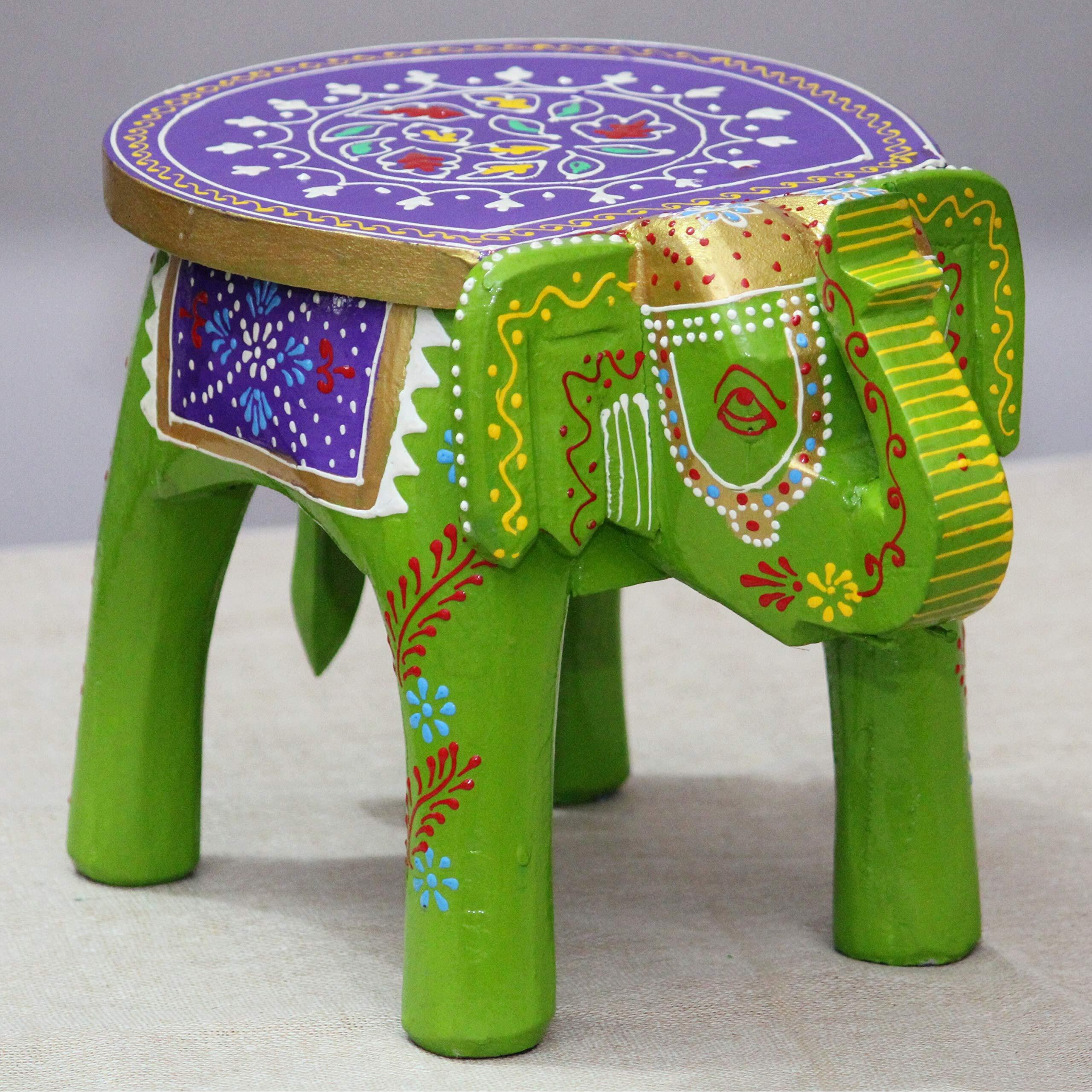 Jh Gallery Handcrafted And Emboss Painted Colorful Wooden Elephant Stool/Side Table For Home/Office/Living Or Bedroom Decor (Green)