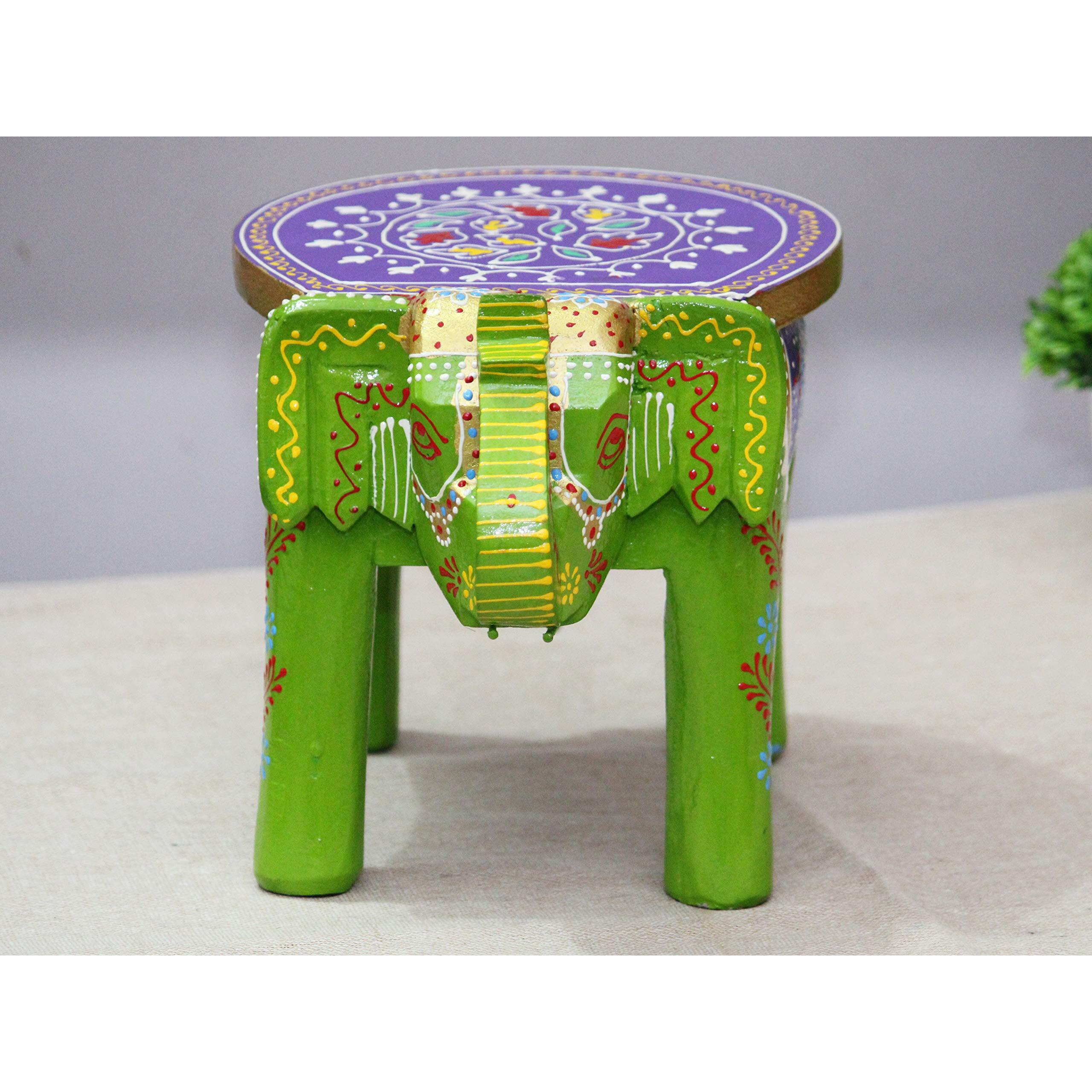 Jh Gallery Handcrafted And Emboss Painted Colorful Wooden Elephant Stool/Side Table For Home/Office/Living Or Bedroom Decor (Green)