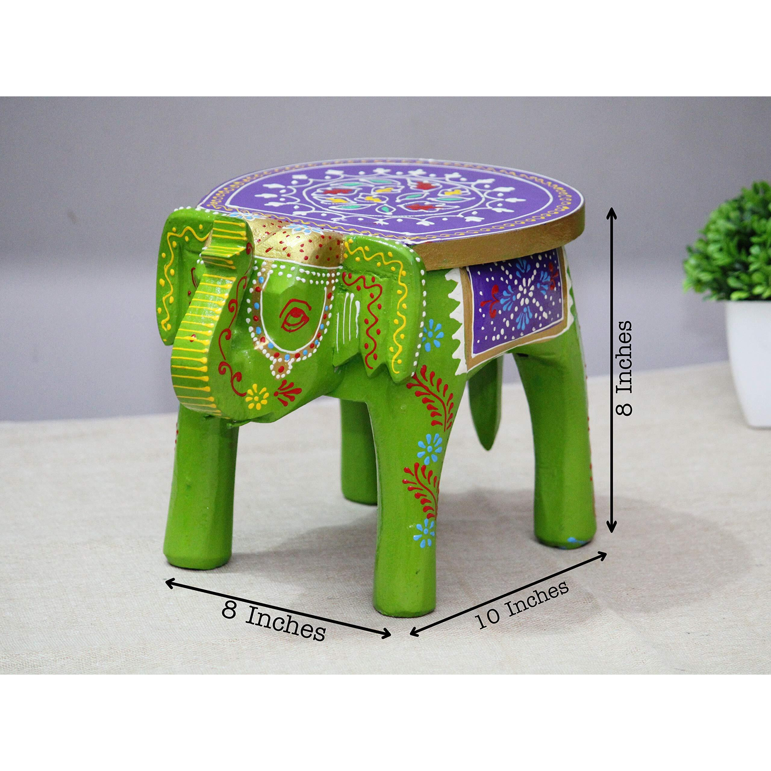 Jh Gallery Handcrafted And Emboss Painted Colorful Wooden Elephant Stool/Side Table For Home/Office/Living Or Bedroom Decor (Green)