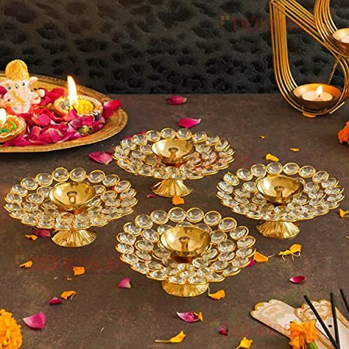 Tied Ribbons Pack Of 4 Crystal Akhand Diya For Decoration - Brass Diya For Puja Oil Puja Lamp - Decorations Items For Home Decor (Golden, 12 X 4 Cm) - Decor - Gifts
