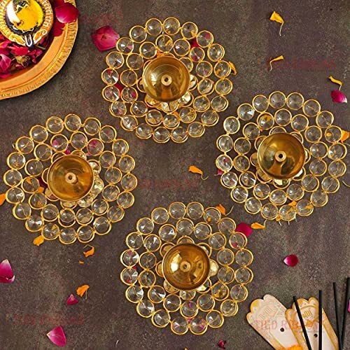 Tied Ribbons Pack Of 4 Crystal Akhand Diya For Decoration - Brass Diya For Puja Oil Puja Lamp - Decorations Items For Home Decor (Golden, 12 X 4 Cm) - Decor - Gifts