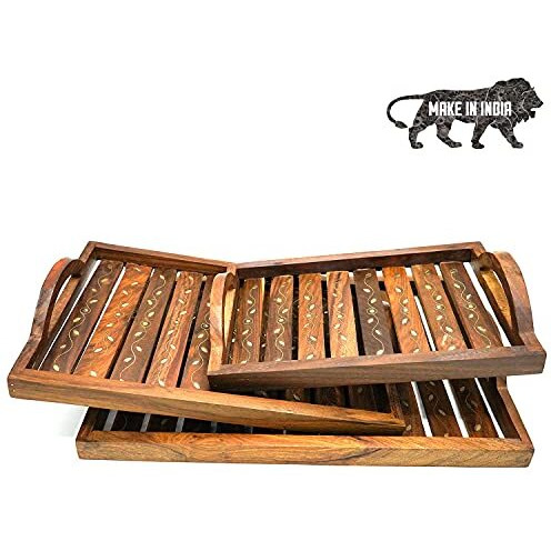 Naayaab Craft Wooden Serving Tray With Handle, Light & Sturdy Sheesham Wood Nesting Multipurpose Tray - Set Of 3(Small -25*17.5 , Medium- 31*21.2, Large - 36*25.5Cm) Crafted By Saharanpur Artisans
