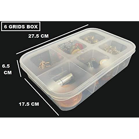 Csm Jewellery Case Organizer(Click-6B-2) Multipurpose Plastic Storage Box With Dividers 6 Grids In Big Size, Transparent (Pack Of 2 Boxes - Big Size)