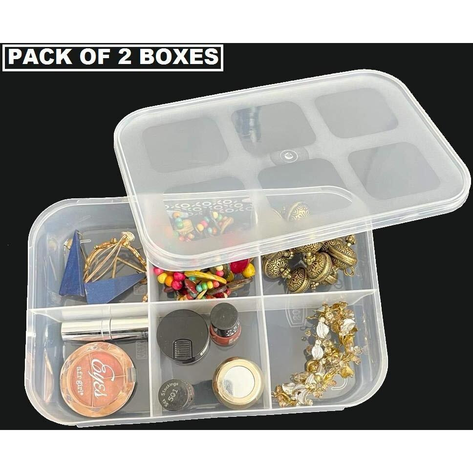 Csm Jewellery Case Organizer(Click-6B-2) Multipurpose Plastic Storage Box With Dividers 6 Grids In Big Size, Transparent (Pack Of 2 Boxes - Big Size)