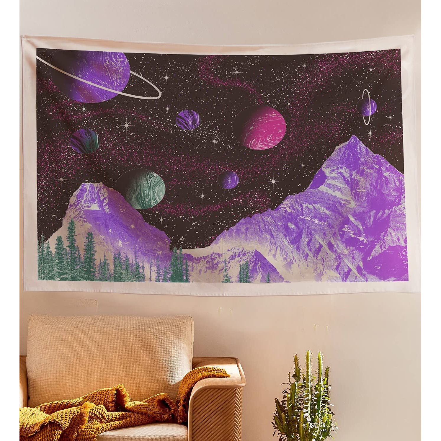 Sheetkart Space Tapestry - Aesthetic Bohemian Wall Hanging Mountain And Planets Tapestries For Home - Beige
