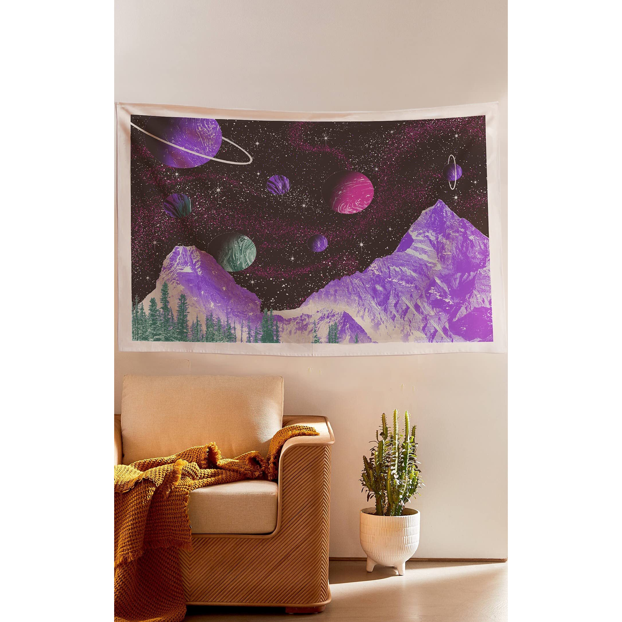 Sheetkart Space Tapestry - Aesthetic Bohemian Wall Hanging Mountain And Planets Tapestries For Home - Beige